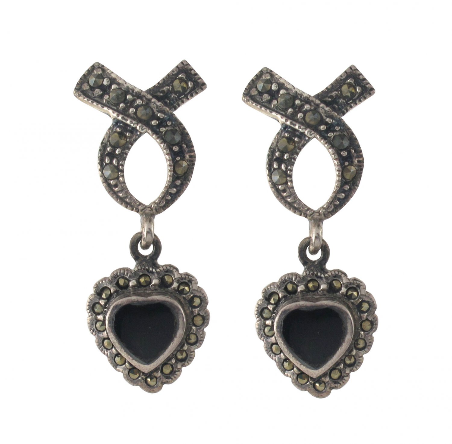 Ribbon Bow Heart Dangle Inlay Stone Marcasite 925 Sterling Silver Earrings