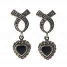 Ribbon Bow Heart Dangle Inlay Stone Marcasite 925 Sterling Silver Earrings