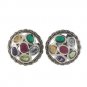 Round Button Multi Color Gem Stone Marcasite 925 Sterling Silver Earrings
