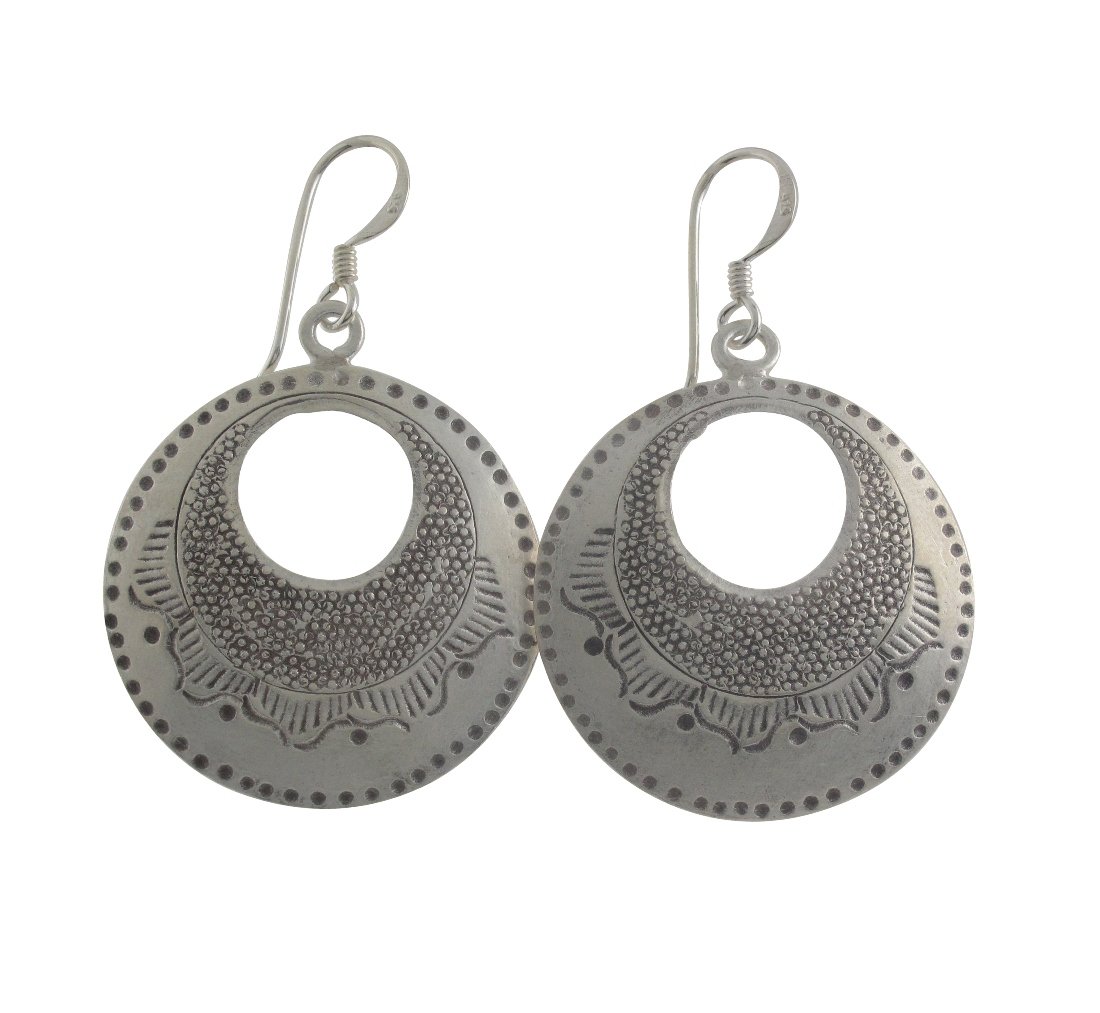 Circle Round Ring Flower Stamp Dangle 925 Sterling Silver Earrings Karen Hill