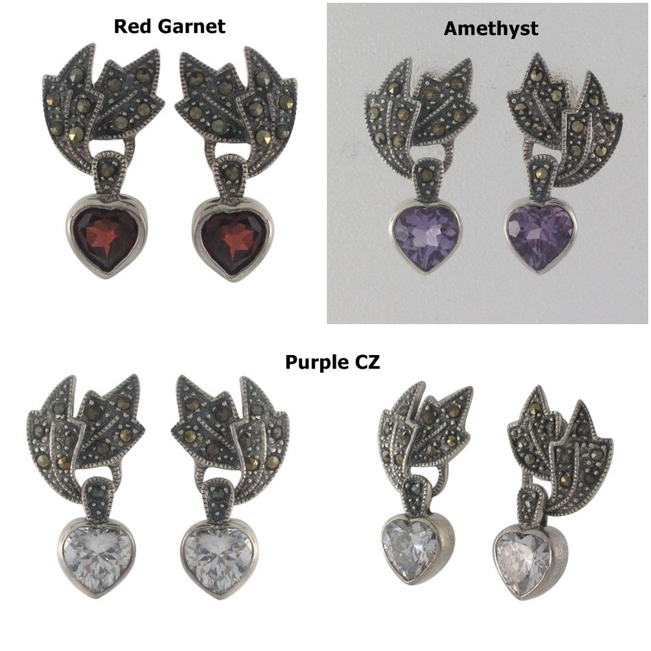 Heart Inlay Stone Dangle Leaf Marcasite 925 Sterling Silver Vintage Earrings