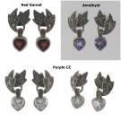 Heart Inlay Stone Dangle Leaf Marcasite 925 Sterling Silver Vintage Earrings