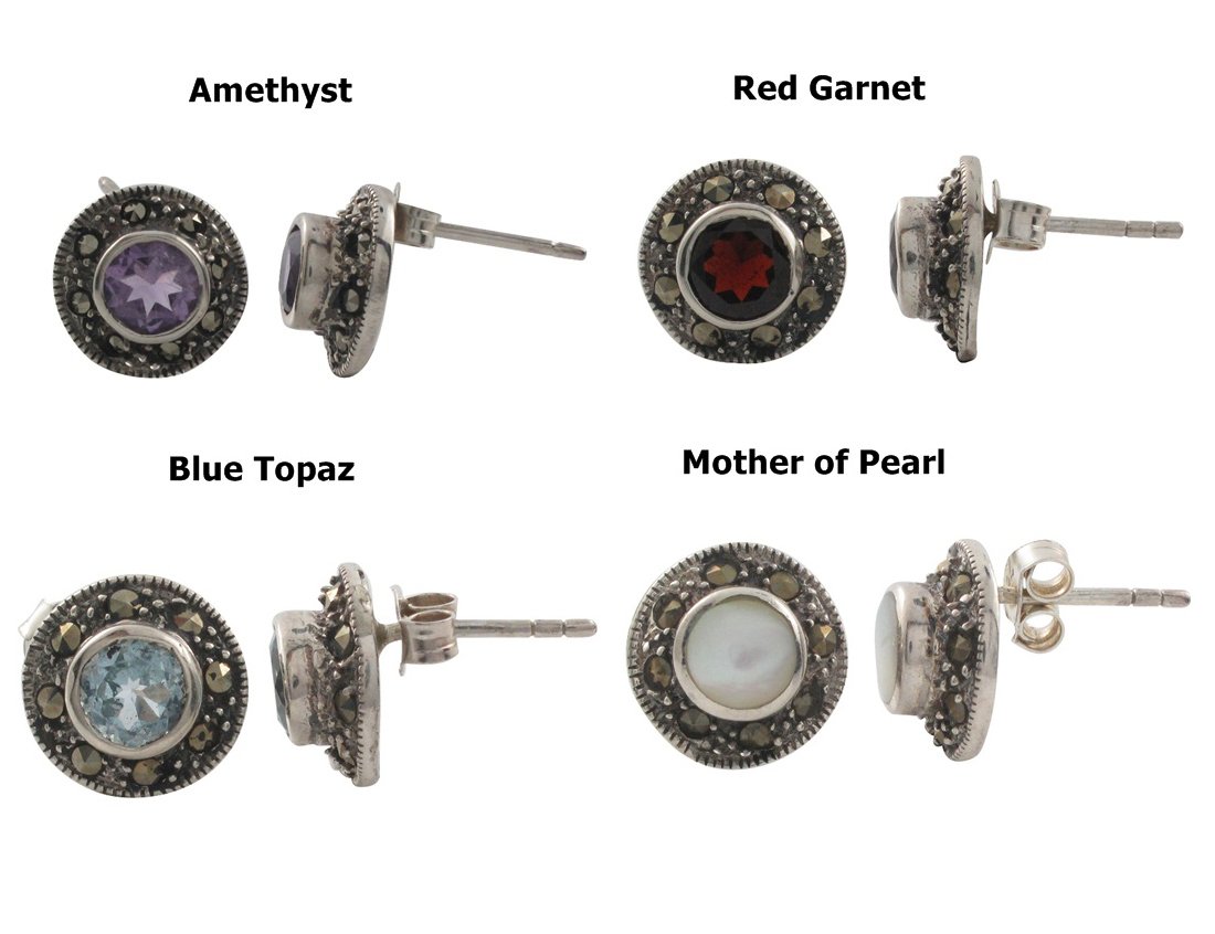 Round Button Bezel Inlay Stone 925 Sterling Silver Marcasite Stud Earrings