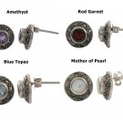 Round Button Bezel Inlay Stone 925 Sterling Silver Marcasite Stud Earrings