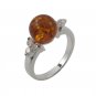 Round Ball Sphere Crystal Cognac Natural Baltic Amber 925 Sterling Silver Ring