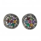 Round Circle Multi Color Gem Stone Marcasite 925 Sterling Silver Stud Earrings