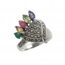 Vintage Multicolor Gemstone Marcasite Peacock Wing 925 Sterling Silver Ring