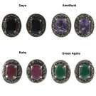 Oval Gemstone Vintage Marcasite Stud 925 Sterling Silver Earrings