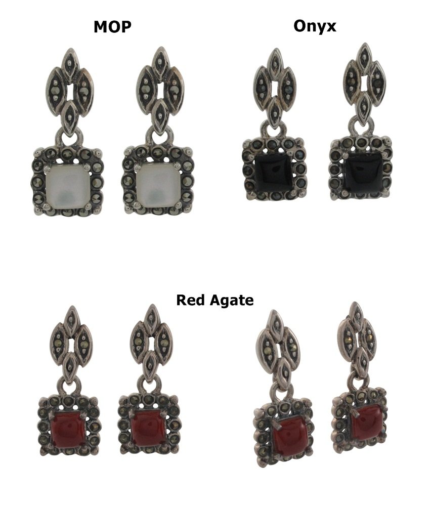 Square Dangle Vintage Marcasite Inlay Stone 925 Sterling Silver Earrings
