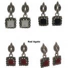Square Dangle Vintage Marcasite Inlay Stone 925 Sterling Silver Earrings
