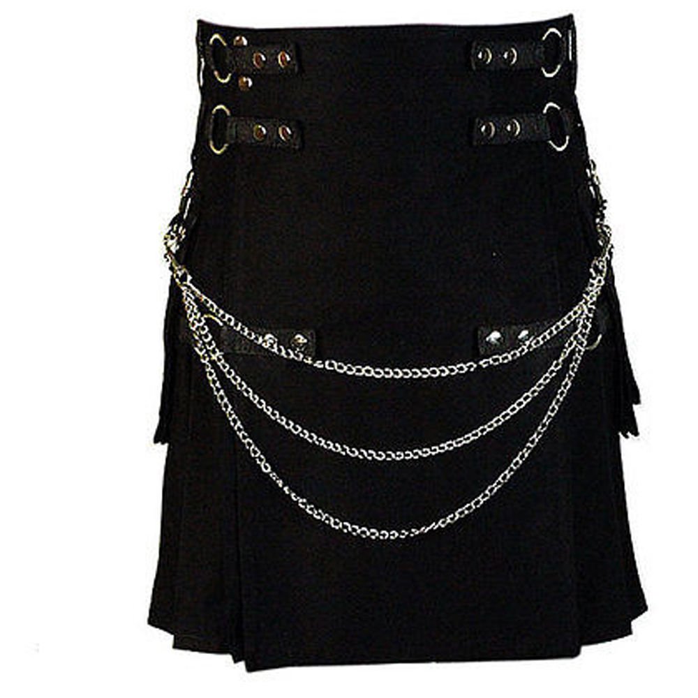 Waist 44 Men's Handmade Gothic Style Black Utility Kilt With Silver Chrome Chains