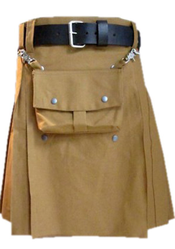 32 Size Khaki Cotton Utility Kilt With Front Cotton Sporran Tactical Duty Kilt
