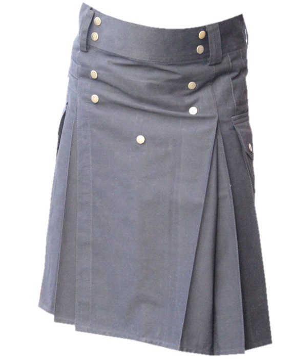 42 Waist Men,s Scottish Black Gothic style Cotton Utility Kilt, Front Studs Cotton Kilt