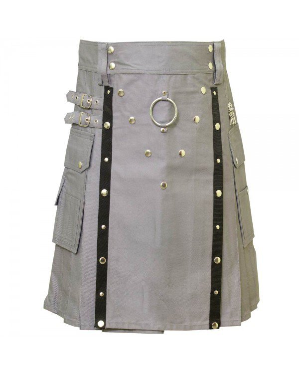 Men's Handmade 56 Size Grey Deluxe Cotton Gothic Fashion Utility kilt