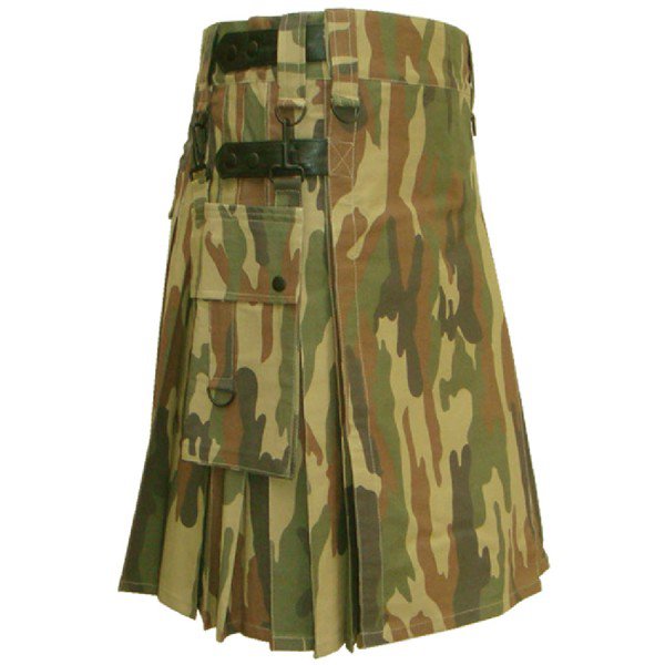 30 Size Taichi Army Camo Kilt With Size adjusting Leather Straps and Side Cargo Pockets