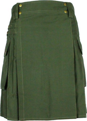 34 Waist Taichi Olive Green Kilt for Active Men, Handmade Olive Green Cotton Utility Deluxe Kilt