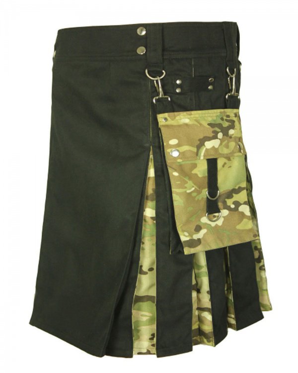 50 Size Men's Handmade Black Cotton Digital CamoHybrid Kilt, Black Hybrid Cotton Utility Deluxe Kilt