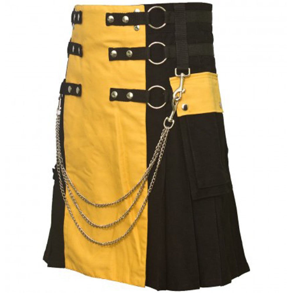 32" Waist Men's Modern Black & Yellow Cotton Hybrid Kilt, Black & Yellow Hybrid Cotton Utility Kilt