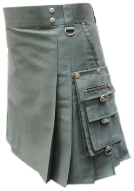44" Men's Handmade Scottish Olive Green Gothic kilt, Deluxe Gothic Style Utility Cotton Fabric Kilt