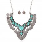 Retro fashion  jewel studded Coin Necklace tassel clavicle chain Earring +Necklace two piece set