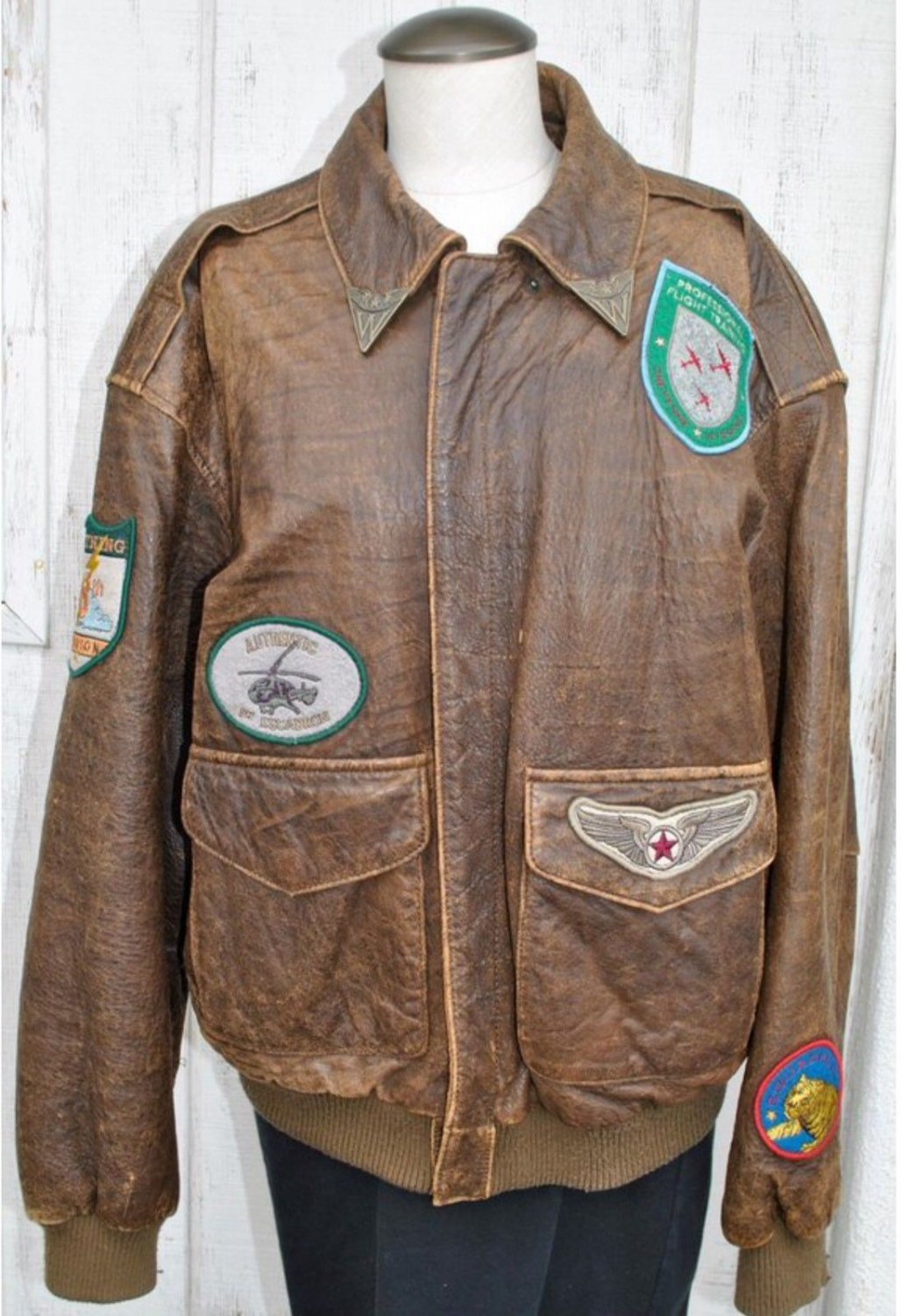 Vintage Mens Bomber Flight Jacket Patches Small Distressed Leather ...