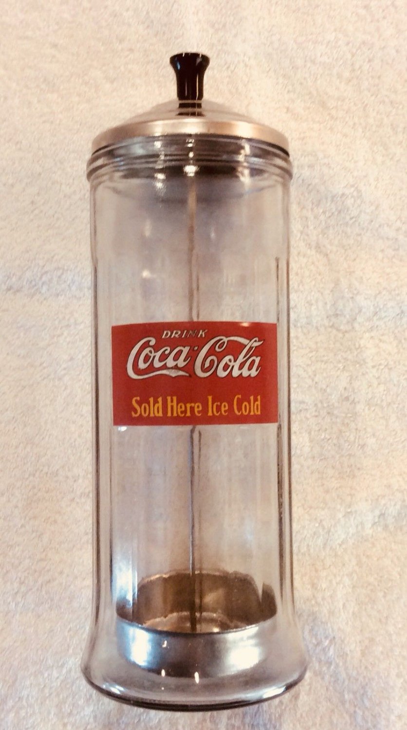 Vintage Coca Cola Coke Straw Holder Dispenser Glass Metal Vintage