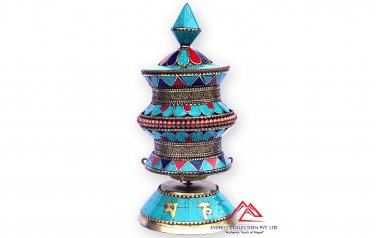 9" Artistic Tibetan Buddhist Stone Setting Table Top Prayer Wheel - Hancrafted in Nepal