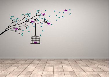 Tree Branch with Birds and Bird Cage Medium