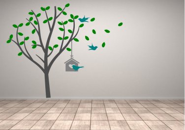Tree with Bird Cage and Birds blowing in wind Large