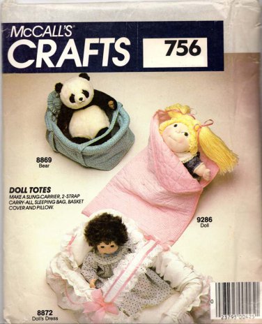 McCall's Sewing Pattern 756 Doll Totes Carrier Sleeping Bag Uncut and Unused