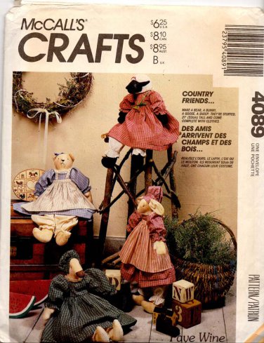 McCall's Sewing Pattern Number 4089 1989 - 20" Cloth Animals with Outfits Uncut and Unused