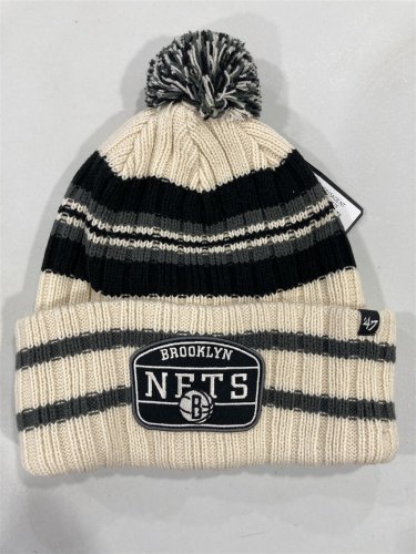 Brooklyn Nets Beanie Cap w/ Pom Logo Knit Cuff New Stripe Patch Blue Unisex