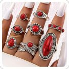 Women's 8 PC Vintage Red Stone Ring Set, Bohemian Silver-Plated Rings Jewelry