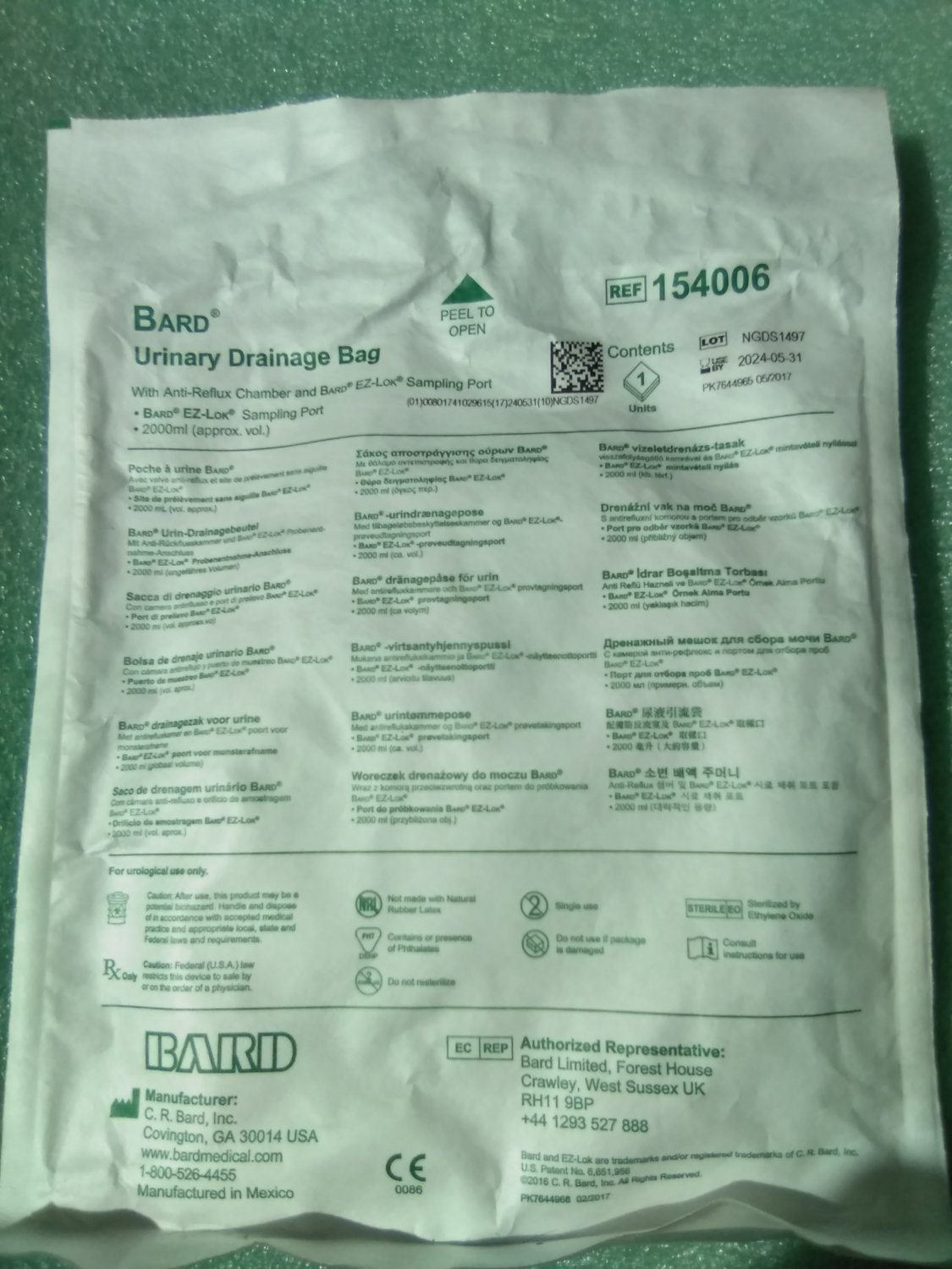 Urinary Drainage Bag with Safety-Flow Outlet 2,000 mL 154006 Qty 5