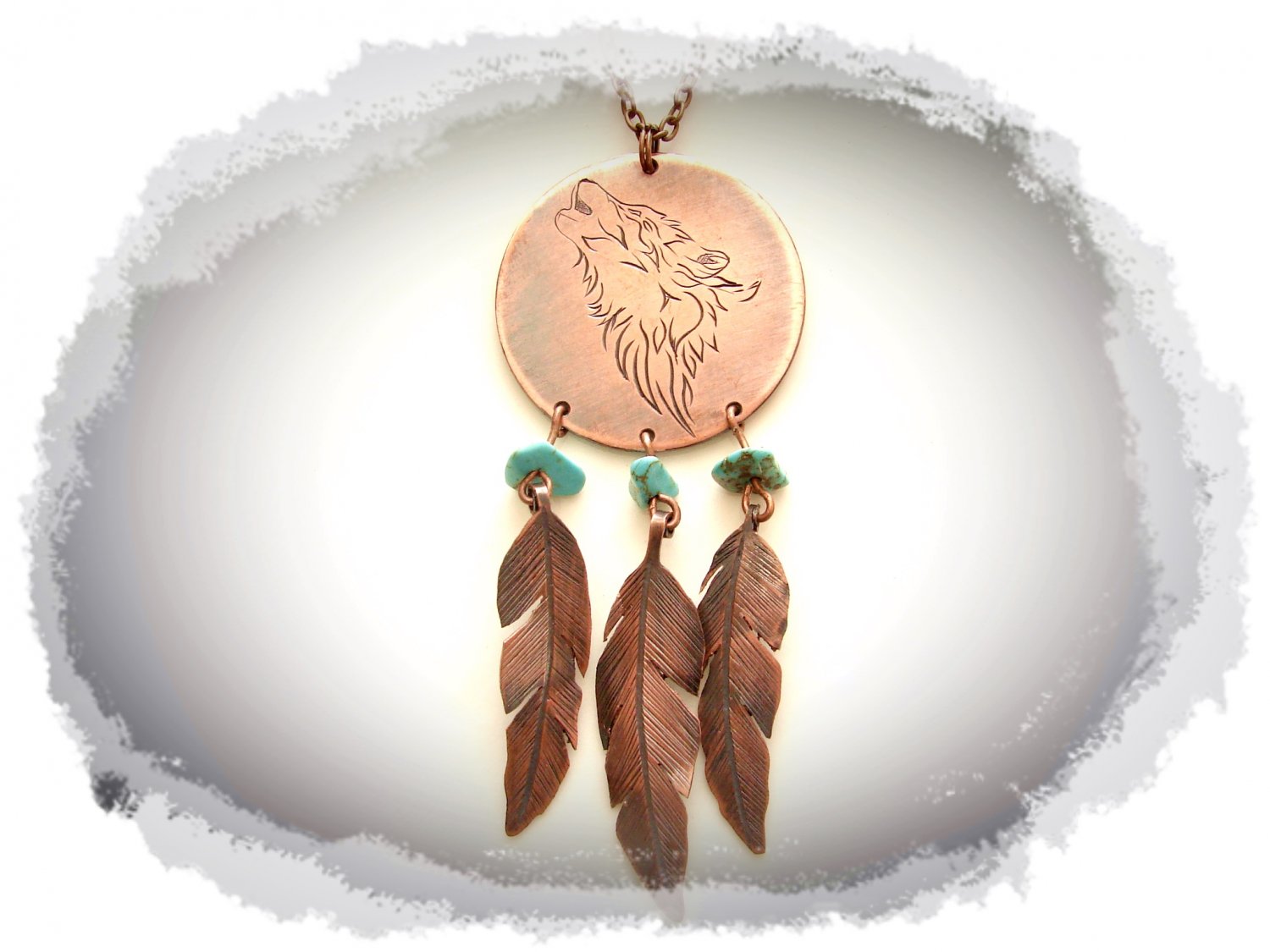 Boho Necklace, Hand-engraved Wolf and Feathers
