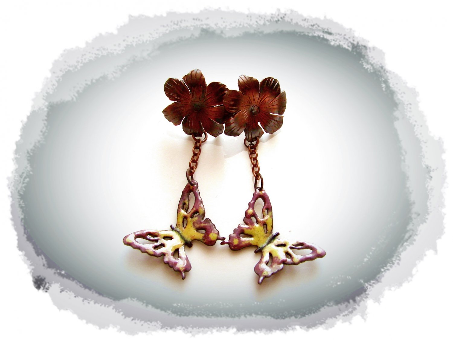 Copper earrings with flowers and butterflies
