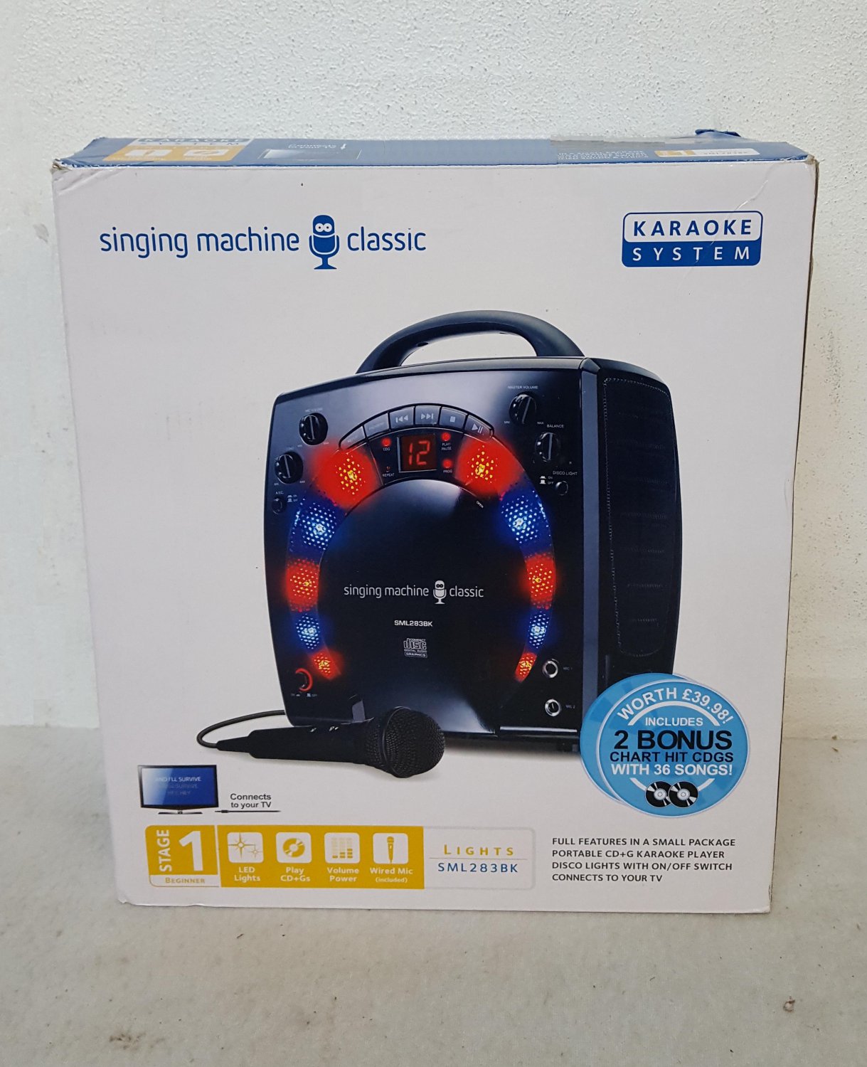 Karaoke Singing Machine SML283 Classic, 1x Mic, Disco Lights -Black (Ex-display)