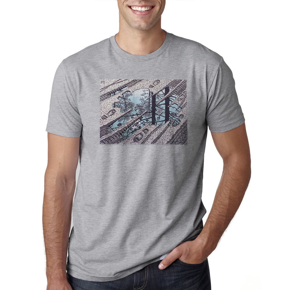 M.C. Escher Puddle Tracks Men's Heather Grey T-shirt NEW Sizes S-2XL