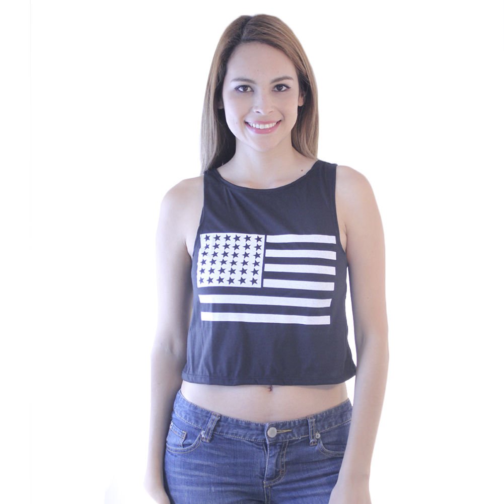 True Rock USA Flag Print Women's Black Crop Tank NEW Size L