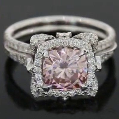 3.00 Ct Pretty Halo Floral Pink Cushion Cut Engagement Ring 10k Solid White Gold