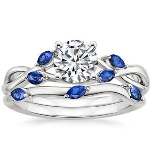 1.25 Ct Nature Inspired Round Cut Blue Sapphire Wedding Ring Set 14k White Gold