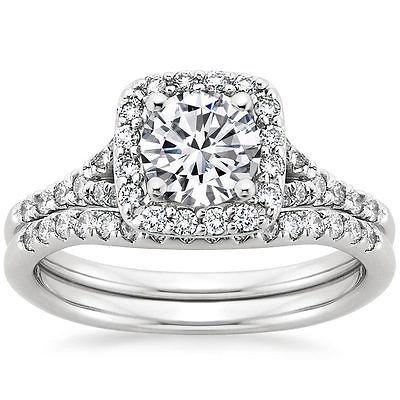 1.25 Tcw Halo Round Cut Scalloped Pave Bridal Wedding Ring Set In 14k White Gold