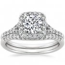 1.25 Tcw Halo Round Cut Scalloped Pave Bridal Wedding Ring Set In 14k White Gold
