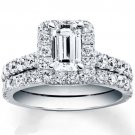 2.50 Tcw Emerald Cut Halo CZ Pave Engagement And Wedding Ring Set 14K White Gold