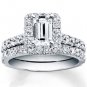 2.50 Tcw Emerald Cut Halo CZ Pave Engagement And Wedding Ring Set 14K White Gold