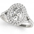 0.90 Ct Two Tone Oval Double Halo Split Shank Engagement Ring In 14k White Gold