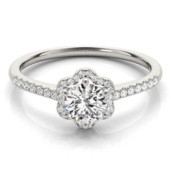 0.65 Ct Petite Floral Halo Cathedral Engagement Ring In 10K Solid White Gold