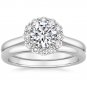 1.15 Tcw Round Cut Solitaire Halo Lotus Flower Bridal Ring Sets 14K White Gold