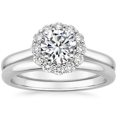 1.15 Tcw Round Cut Solitaire Halo Lotus Flower Bridal Ring Sets 10K White Gold