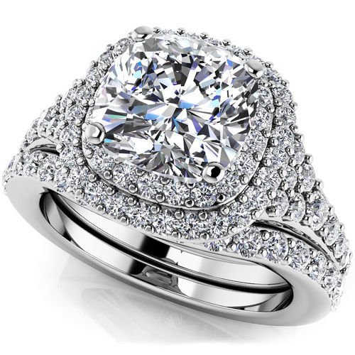 2.10 Tcw Cushion Cut CZ Solitaire Double Halo Bridal Ring Sets 10k White Gold